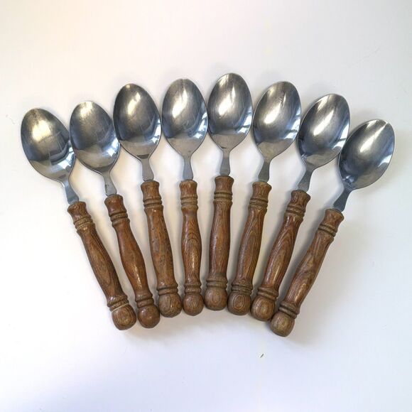 Retro Wood Handle Flatware 58 Pc Stainless Steel 8 Settings Plus Steak Knives - Picture 4 of 10